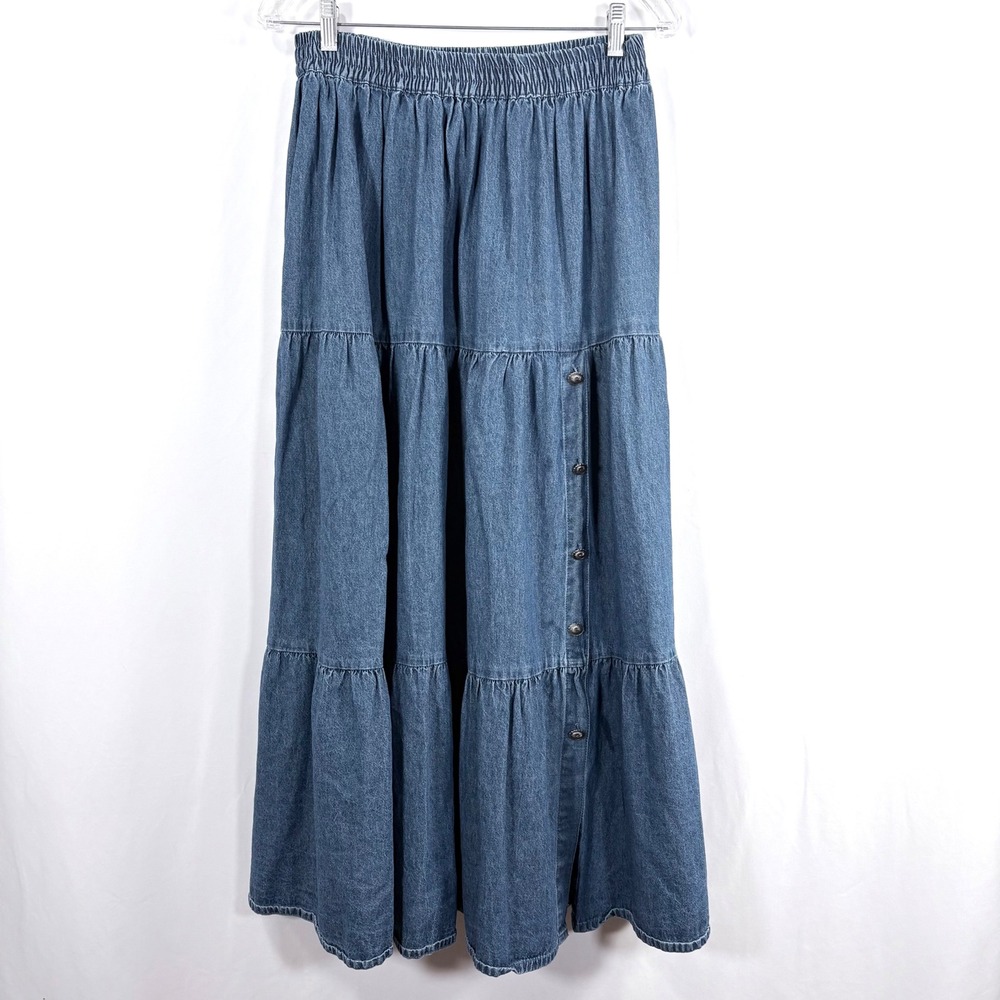 VTG 90s Crazy Cowgirl Denim Maxi Skirt Blue Medium Wash Concho Buttons Sz  M